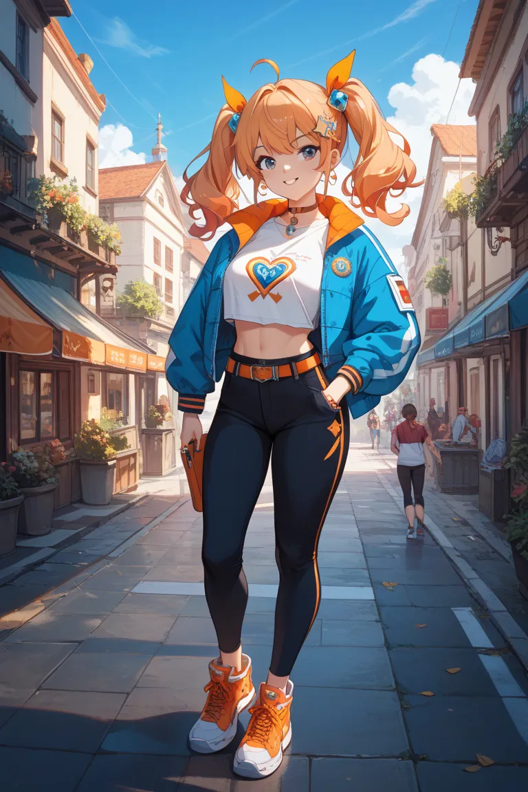 Magical Girl。orange cropped jacket、sporty pants style。the jacket has a thunder pattern line、the pants are cargo-like and the ring jewel is embedded in the pocket。the waist is accented with an orange belt。On your feet in sneakers、The thunder-shaped charm sw...