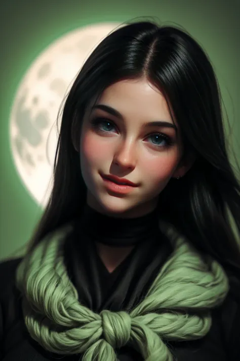  1 girl,Alone,look at the viewer,From far away, Whole body, long brown hair ,Sopf, Wait tied backwards, big dark green eyes, ringing big dark green eyes, arabic orientalich, Moon Face, round face, blank background. black polover,  black pants, Smiling,  fr...