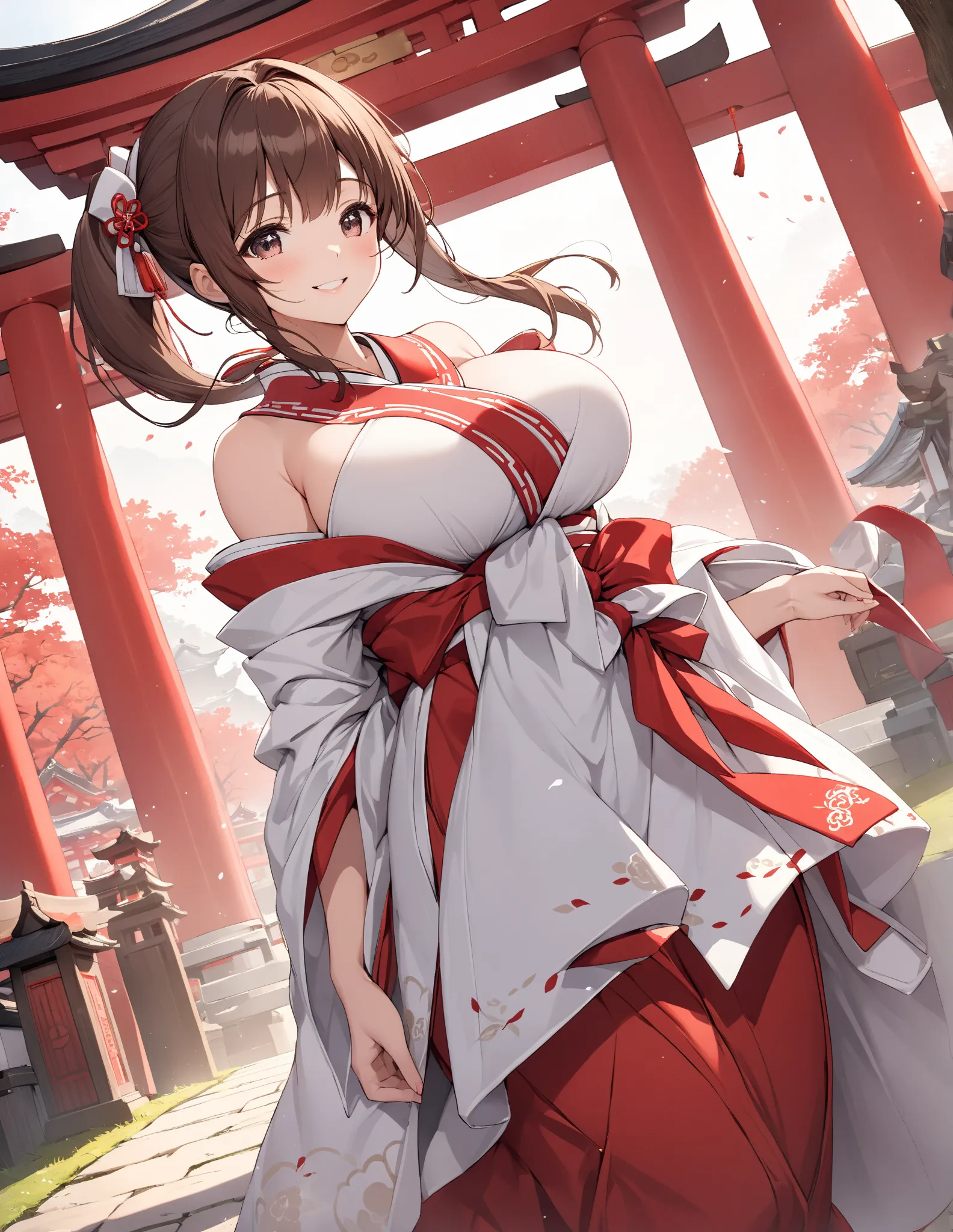 Perfect Anatomy、(High resolution:1.2)、Incredible illustrations、(Cute illustrations:1.2)、
(cinematic angle,solo focus,) （Beautiful background（Shrine grounds),
  1 girl(brown hair,ponytails) ,smile,slender,big breasts,   (Shrine maiden costume) (white coat, ...