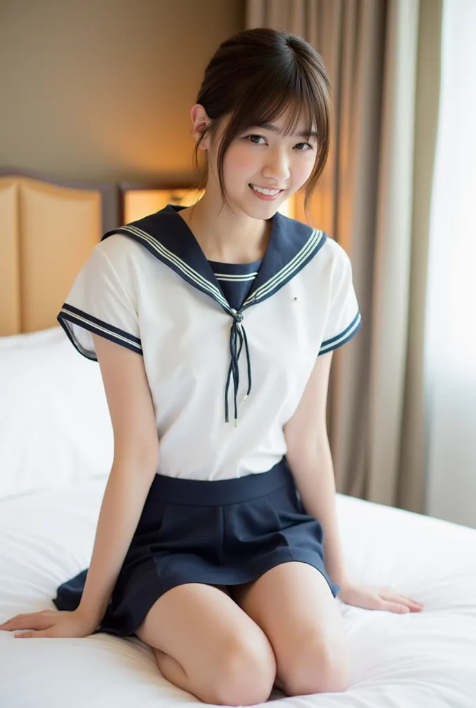 Masterpiece, Best quality:1.4), (Ultra realistic, Photo-realistic:1.3), (Wearing Sailor suit, White short sleeve:1.2), (Dark navy skirt:1.2), (Wearing white sock), (small breasts), Natural light, 20 years old actor, Japanese woman, Neat and clean, ponytail...