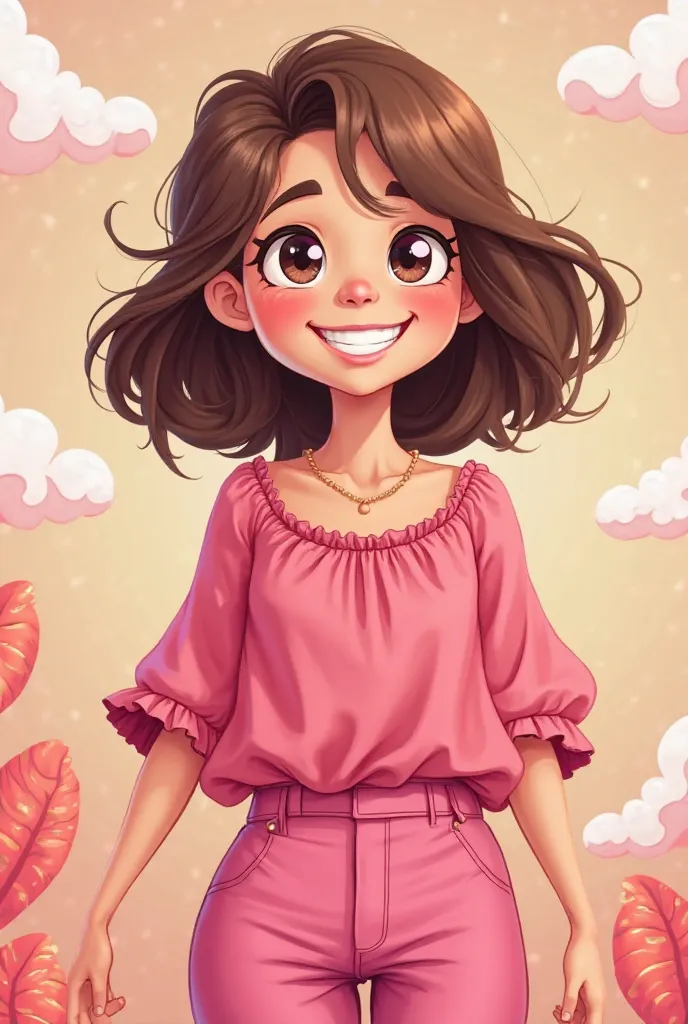 Create a cartoon-style woman with a pink blouse and pants 