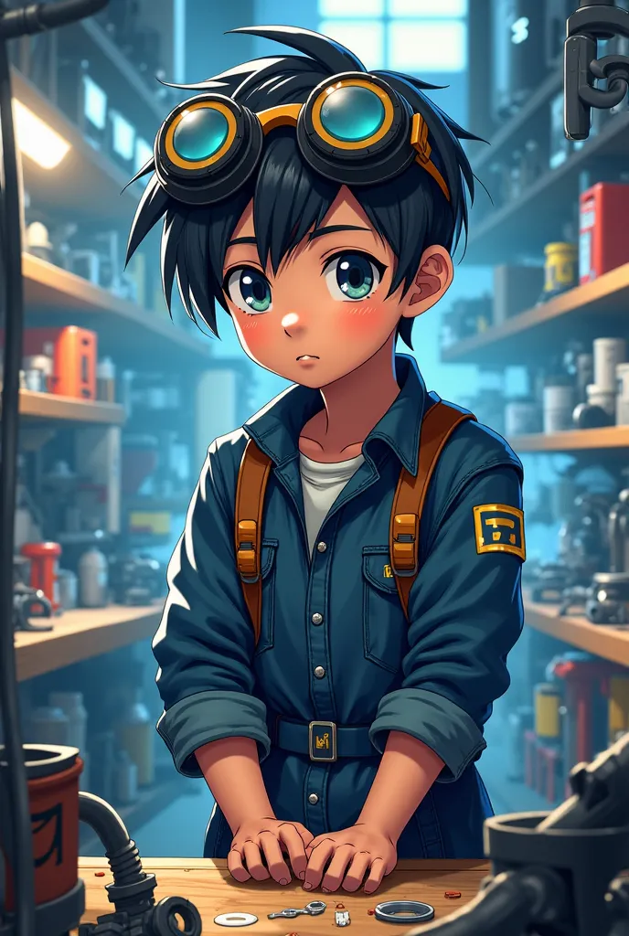 young man、 black hair、goggles、Mechanic apprenticeship、Japanese anime style