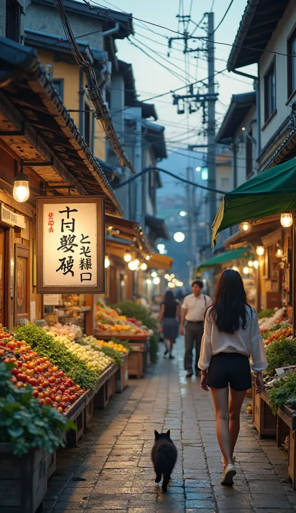 Market scene in a traditional Japanese shopping district at dusk。At the entrance、There is a large vintage-style sign announcing bargain dates、Japanese characters are written。Fresh vegetables and fruits are lined up in the market、Shoppers々You can see 。There...