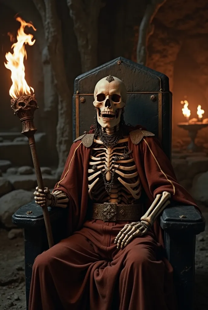 DVD screengrab, from a 1982 dark fantasy film, Excalibur, featuring Skeleton as a medieval sorcerer. Skeleton is wearing a skull armor, holding a skull staff, and sitting on a throne inside a cave. The scene is dark, illuminated by torches, and Skeleton ha...