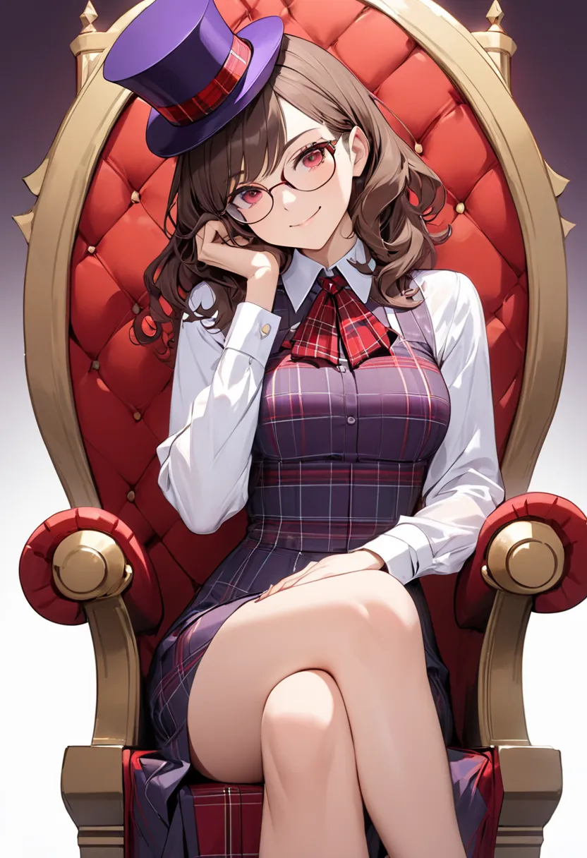 masterpiece, best quality, a women, Brown medium length hair, wavy hair, swept bangs, pig tail, coral red eyes, smile, serious, crossed legs, Cheek resting on hand, (background: .throne )(Clothing: top hat, Red-rimmed glasses, purple one piece dress, tarta...