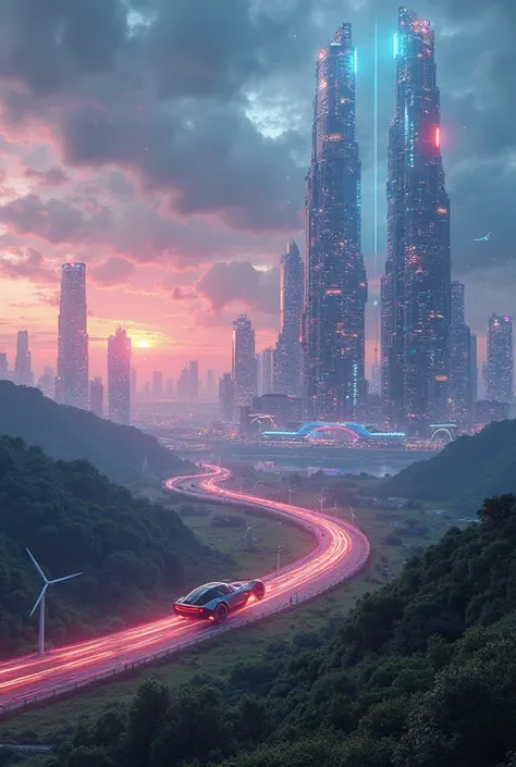 Create a visually captivating thumbnail for an Instagram Reel showcasing a futuristic world set in 2050. The thumbnail should feature a high-tech metropolis at dusk, with towering skyscrapers lit by neon lights and glowing holograms. Show sleek anti-gravit...