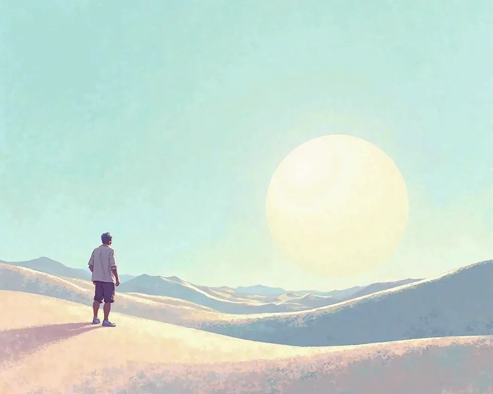 A minimalist sketch illustration in pastel blues, greens, and purples depicts a man observing vast sun-drenched desert dunes merging with a shimmering mirage. Gentle soft light, diffused shadows, and subtle illumination emphasize the desert's immensity, in...