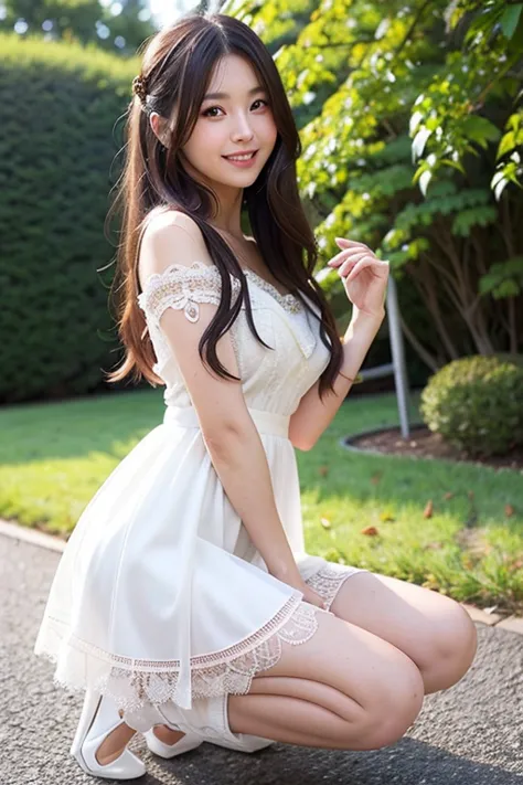 A Japanese model in a gorgeous white dress is posing、semi-long black hair、 miniskirt、 Sheer Lace Dress 、Neat and beautiful Japanese idol、looking at camera、 beautiful eyes in every detail 、 cute smile up to the knee、 Gentle and gentle expression  