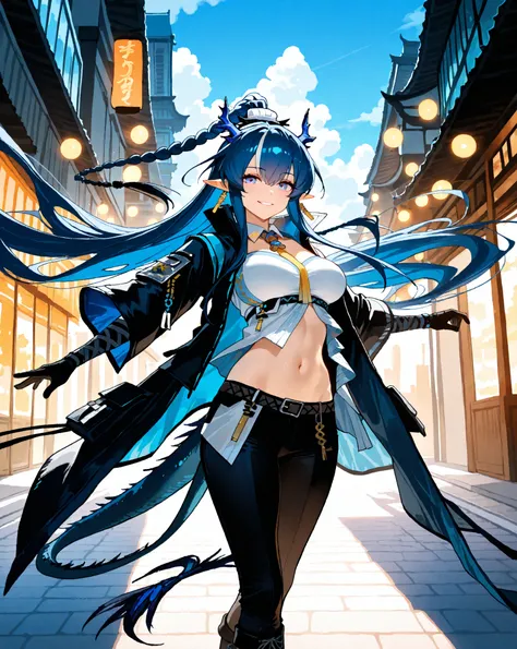 {{super detail, best quality, anatomically correct, high quality, high details, highres, masterpiece, best quality}}, masterpiece, best quality, 1ngdef, ling (arknights), 1girl, solo, dragon tail, streaked hair, blue hair, white hair, hair between eyes, br...