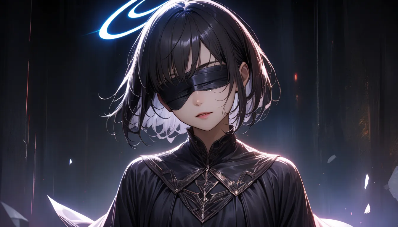 A mysterious girl with short, jet-black hair, standing perfectly centered in the frame. She is facing forward, looking directly at the camera with an enigmatic and serene expression. Her eyes are hidden behind a glowing, shattered blindfold. A broken, radi...