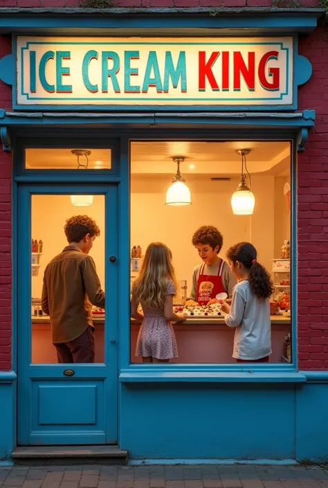 An ice cream parlor from the 80s seen from the outside, with a nostalgic and welcoming façade. The construction has a vibrant blue base and a large one red brick window, accompanied by a glass door. At the top of the image, the sign shows the name ICE CREA...