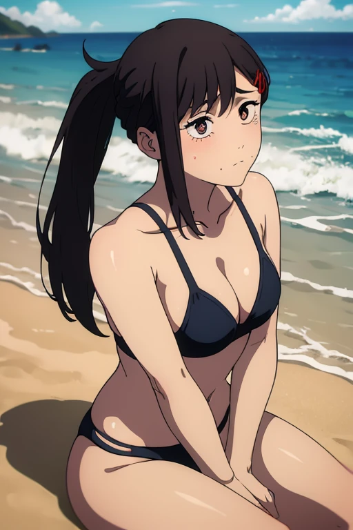 masterpiece, the best quality, highly detailed,  a girl, Alone,  Kobeni Higashiyama , black hair, hair ornament, fork, mole, lunar braid under the eye, ponytail, short hair, (ojos Marrones: 1.5), black bikini ,, black bra, black thong, medium breasts,  med...