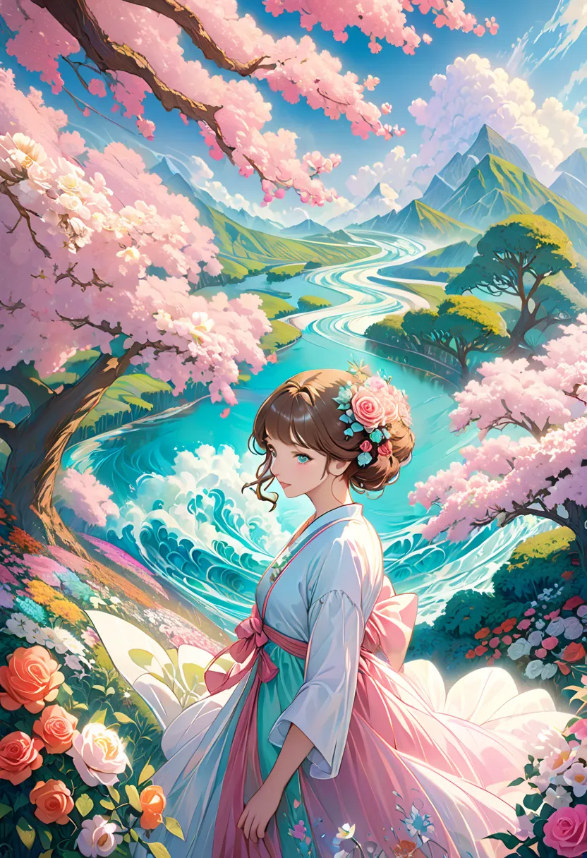  Whimsical Fantasy 、Elegant rose flower、botany、 minimalism、Wave of flowers、Flowing Flower、 hazy pastel pink floating garden, Aqua Green,  Pastel Apricots , Smoke Fractal, There is a good atmosphere、Very realistic flowers, octane rendering, Josephine Wall A...