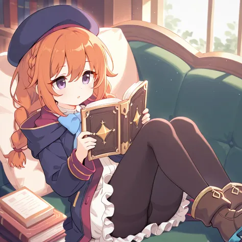 yuni  \(princess connect!\),purple eyes, orange hair,twin braids,beret ,st. theresa's girls academy school uniform,hooded coat,white skit,frilled skirt,black pantyhose,brown short boots,reading a book,top quality、High Resolution
