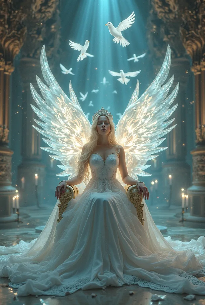 "in a hall inside a heavenly palace. A noble woman with wings shining like crystal sits on a throne of light. It glows with the bow and looks majesty and calm, while magical birds revolve around it."

