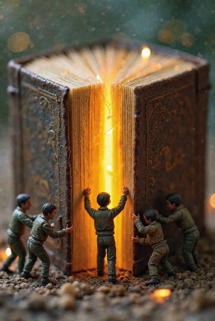 "A team of tiny figures working together to open a massive book. Some are pushing the heavy cover, while others pull from the edges. The pages glow softly, symbolizing the knowledge inside. The scene is detailed and dynamic, showing effort and teamwork in ...