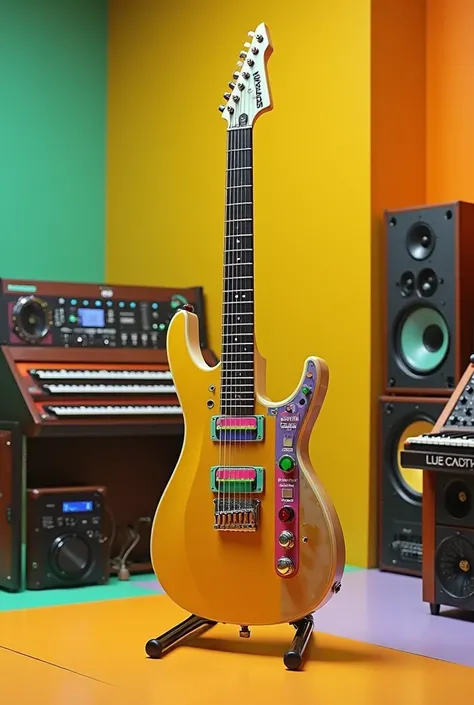 Create an electric guitar image with ten volume controls and demos. 
 Long span electric guitar yellow, purple, green and pink . 
The studio is equipped with electronic organs and drum sets. 
 studio in yellow and green . The floor of the studio is a yello...