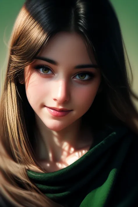  1 girl,Alone,look at the viewer,From far away, Whole body, long brown hair ,Sopf, Wait tied backwards, big dark green eyes, ringing big dark green eyes, arabic orientalich, Moon Face, round face, blank background. black polover,  black pants, Smiling,  fr...