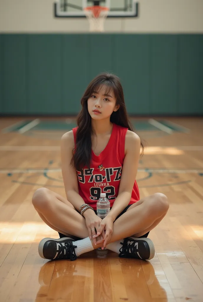 Beautiful Korean woman sitting on the floor of the basketball court, wearing a red basketball Jersey with the number 92 and the inscription "Anyun", black shorts, white socks,and white and black basketball shoes, holding a bottle of drinking water and look...