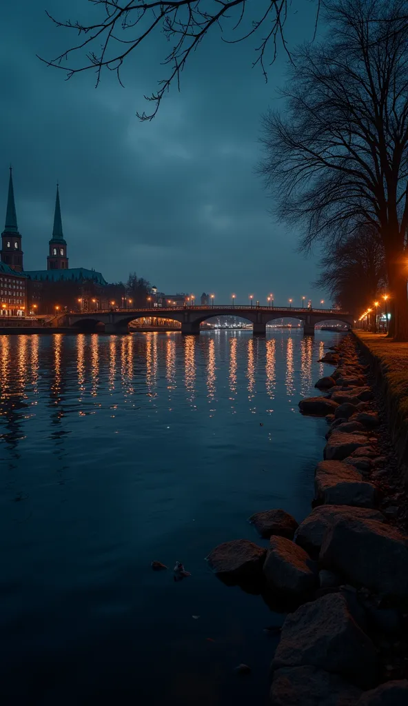 Realistic POV shot in 9:16 along the banks of the River Spree at night. The camera captures the calm, reflective water with ripples from a gentle breeze, the illuminated silhouette of the Oberbaum Bridge in the distance, and scattered lights from passing b...