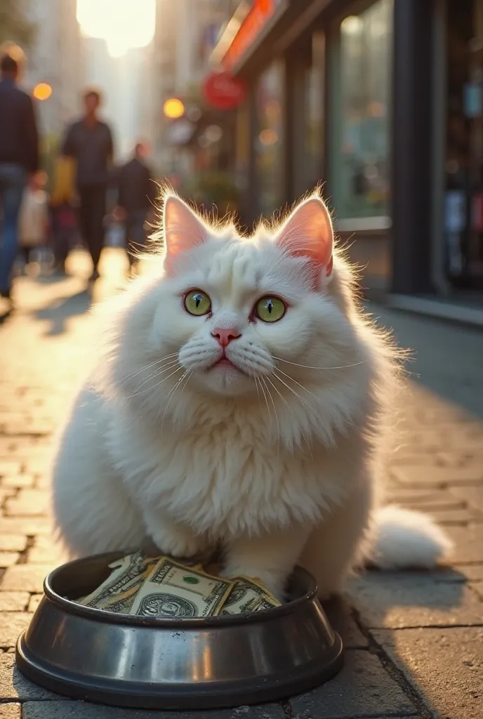 A kind man kneels down and places a handful of money into the cat’s bowl. The chubby, fluffy white cat with striking green eyes stares in disbelief, its mouth slightly open in shock. Its ears perk up, tail fluffs up, and its fur appears even more voluminou...