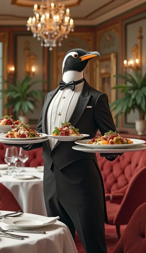 Feature a penguin dressed as a waiter, gracefully serving dishes in an upscale restaurant.