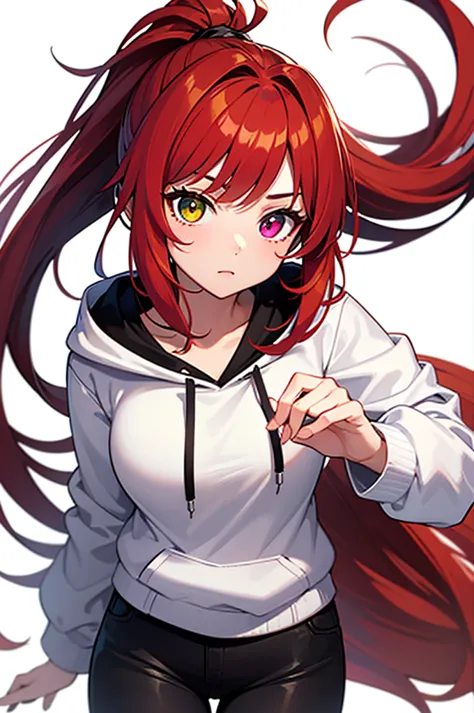 1 girl, best quality, red hair, white bangs streaked hair, ponytail, heterochromia(white eye, red eye) , White hoodie,  black pants ,  white background, perfect hands