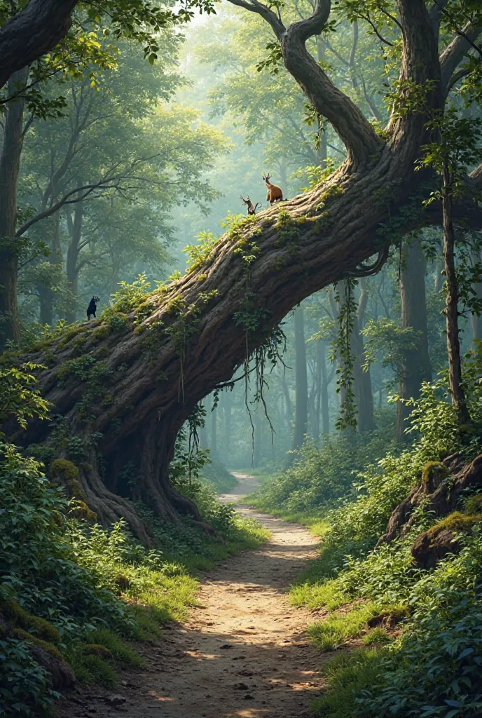 I want you to draw me a picture of a large fallen tree that is blocking a path in a forest 