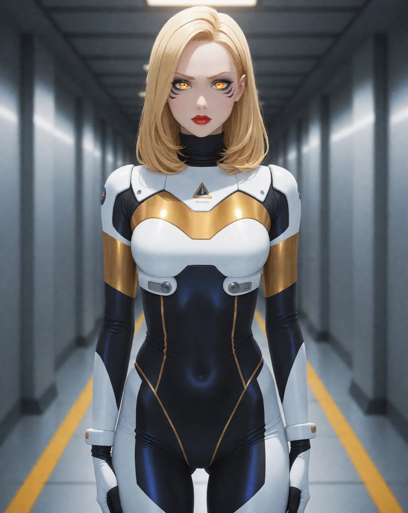 Futuristic Space Voyage Image, subject is a unique female character, modeling pose, short tousled blonde hair, evocative makeup, false eyelashes, stylish eye liner, smoky eye shadow, arched eyebrows, matching lipstick, wearing a weathered composite space u...