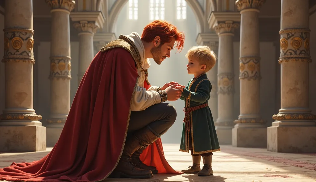 in a castle hall, a 30-year-old man with red hair is dressed in luxurious medieval red robes, He is crouching down to play with a  boy with white hair and dressed in navy green and gold clothes. 