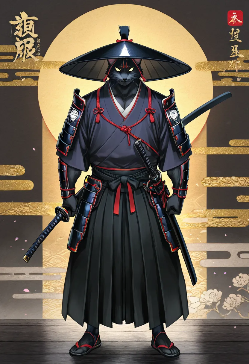 highly detailed, best quality, masterpiece, ultra complex high detail, beautiful japanese traditional culture, a black cat god transformed into a furry samurai with a japanese traditional hat, katana, samurai's armor, kimono and hakama, strong and noble, o...