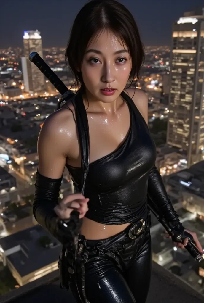 40 years old japanese milf warrior woman wearing black ninja uniform on top of building at night holding a katana, face sharp focus, real model, real people, real scene, real skin texture, Hyperrealistic,Photorealistic image, dynamic lighting, volumetric i...