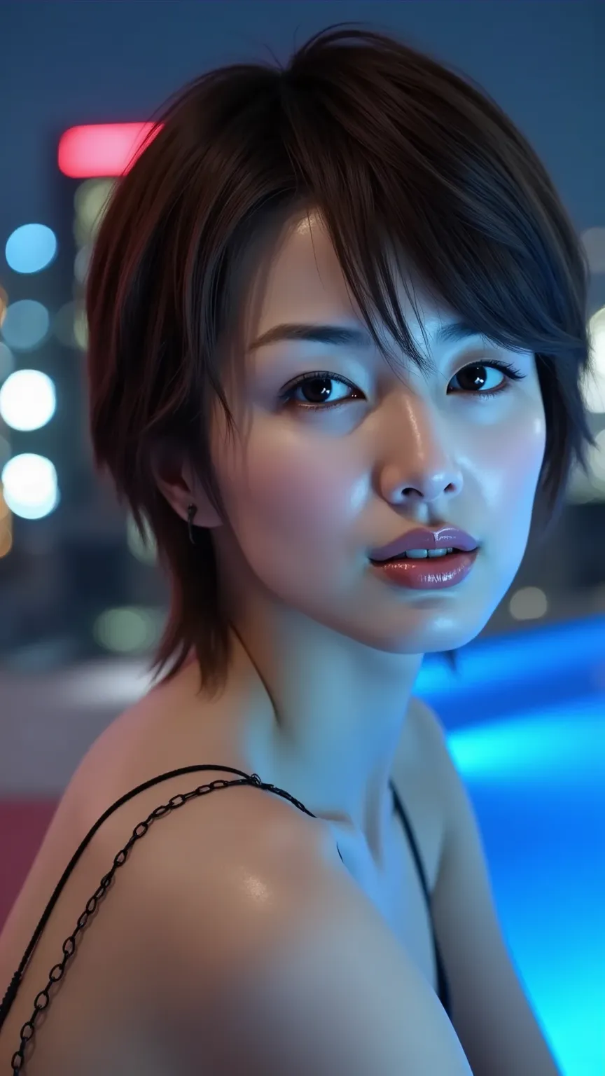 solo, High Resolution, masterpiece, anatomically correct, top quality, Ultra High Definition, textured skin, blurred background,  8k octane, big breasts、bikini、(((Night pool on the roof of a skyscraper)))、Nōn、sexy posing、ray tracing, upper body shot、lookin...