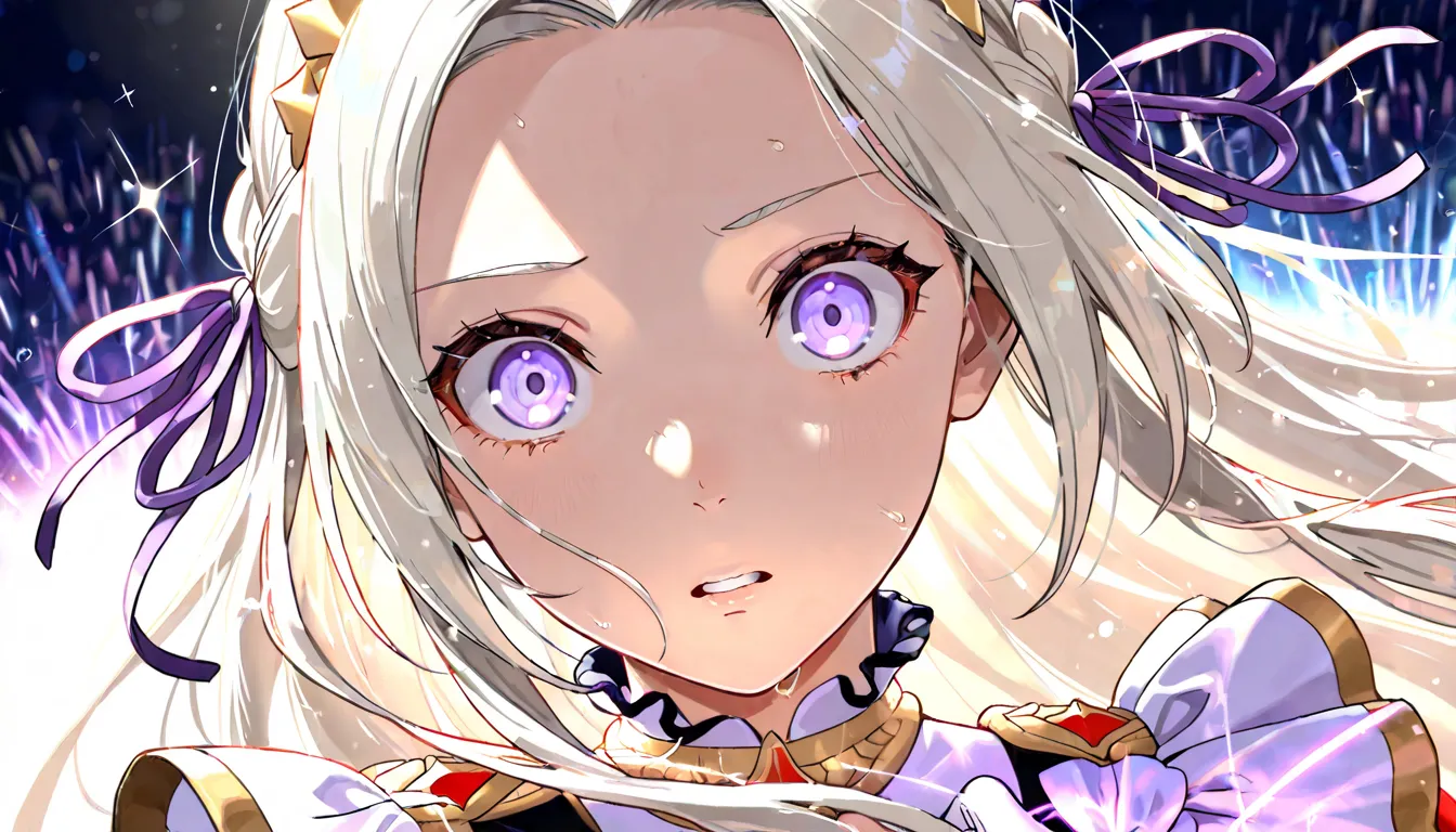 edelgard_Fire Emblem, edelgard von hresvelg, 1girl, solo, long hair, wide-eyed, parted lips, hand on own chest, lowered eyebrows, blonde hair, open your mouth, purple eyes,  hair ribbon, White idol clothes, Clothes with ribbon on the chest, holding Purple ...