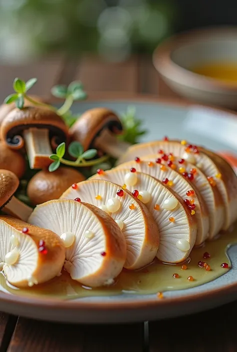 Super thin slices of chicken breast slices with a drizzle of oil and with a side dish of very thin slices of Champignon mushrooms. All this stuff has to be cutted very thin!