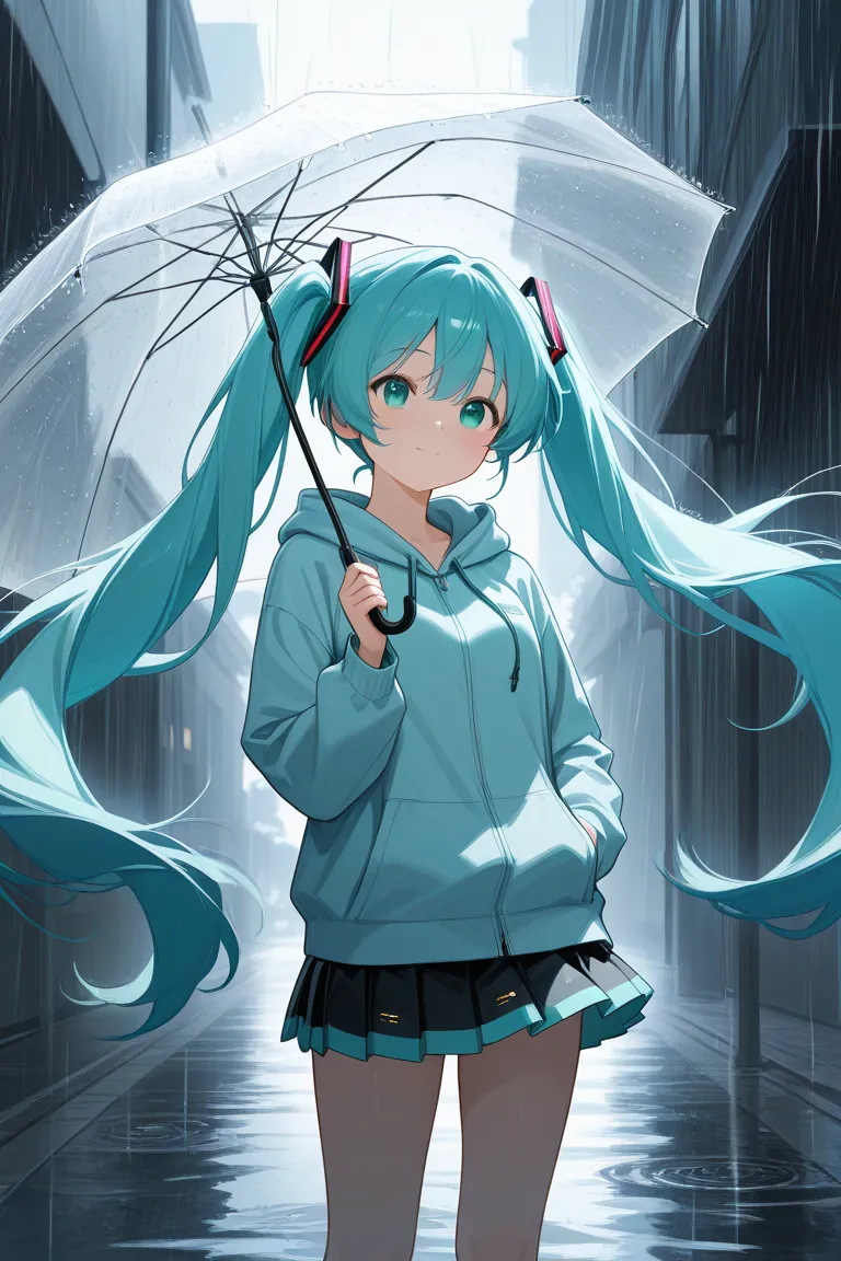 visual:** Hatsune Miku runs in the rain, wearing a light blue hoodie jacket.  In the distance , a cryptic figure awaits her with an umbrella. Lyrics  *"Doesn't really matter if you're on the run, it seems like we're meant to be"* represented through dynami...