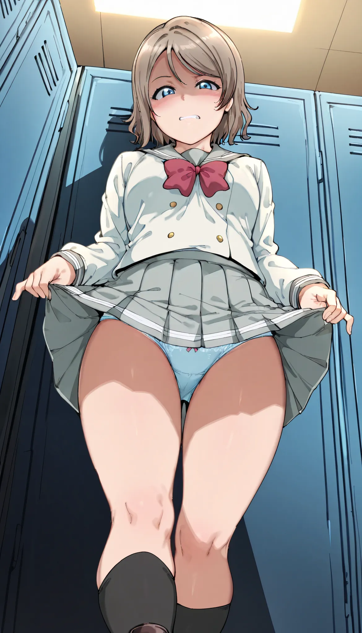 lift skirt,focus on panties, 
,looking down at viewer, from below, very low-angle shot, (from below:1.5},
,BREAK,

you watanabe, watanabe-uniform, 1girl, blue eyes, short hair, brown hair, uranohoshi school uniform, school uniform, skirt, pleated skirt, se...