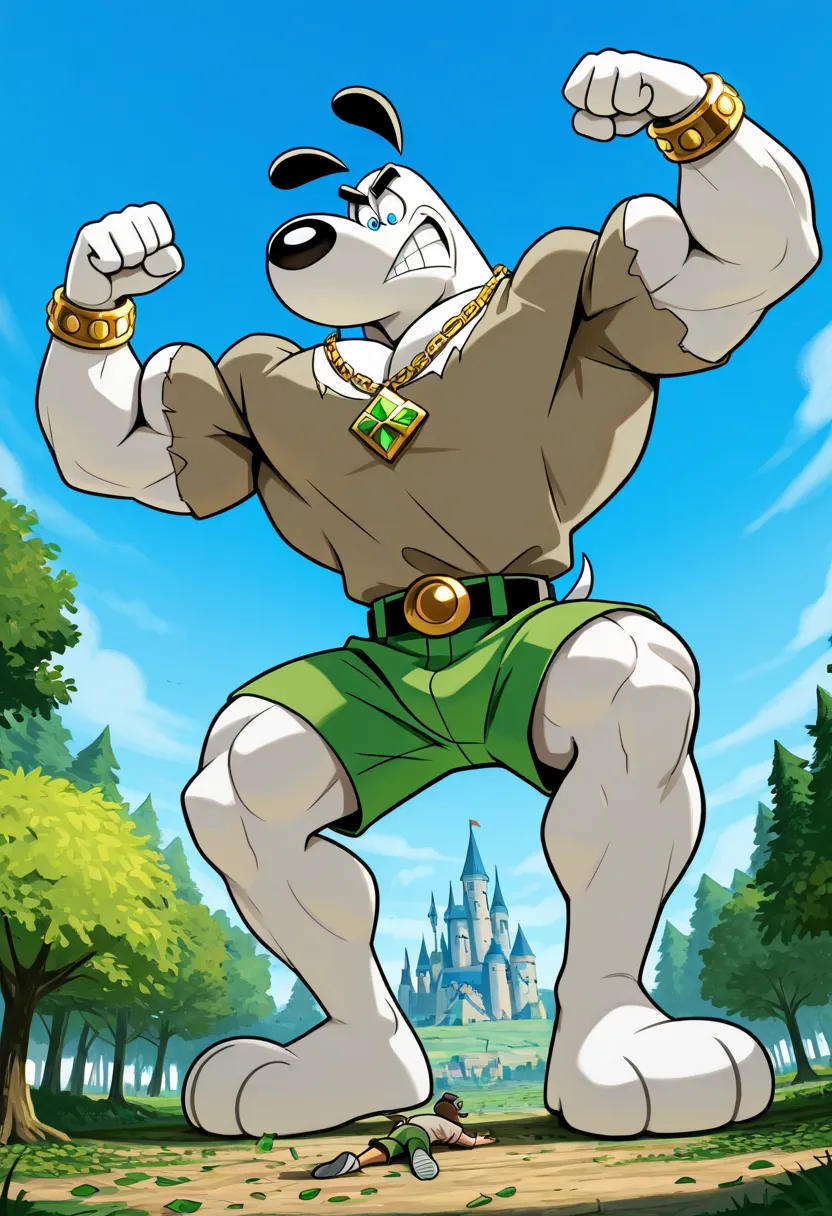 Giant muscular dudley puppy (T.U.F.F Puppy), white dog, cartoon 2d style, giant, macro size, full body, muscular body, castle background, climbing down the giant beanstalk reaching down to the village, village down angle, Masterpiece, best quality, high qu...