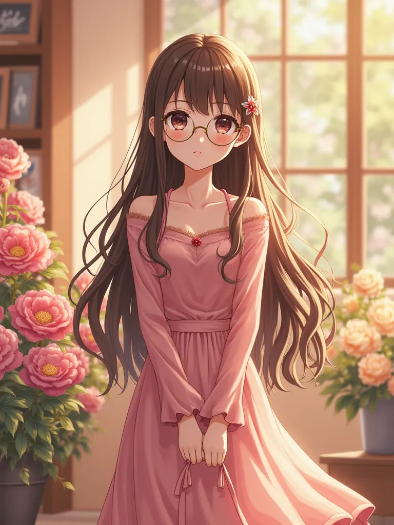  Anime style.  warm lighting . an adult girl in round glasses with a gold frame with long brown hair parted in the middle.  brown eyes. girl in a long soft pink dress. spring festive atmosphere. Flower shop. flowers around . 