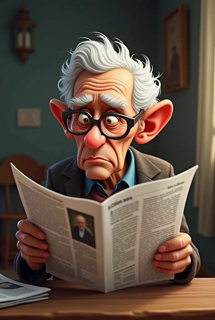 ring 1: Grandpa Alberto, With his classic hearing aid, He tries to read the newspaper.  frowns .
text: Grandpa Alberto: (thinking) "Phew , I don't understand anything! This newspaper is full of murmurs!"