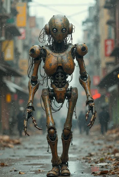 A cinematographic photo of a mechanical cyborg (lula) walking in a steampunk style, wearing old, rusty armor made of aged metal. The entire body of the robot is visible, with wires and cables extending from its structure. The scene takes place in a post-ap...