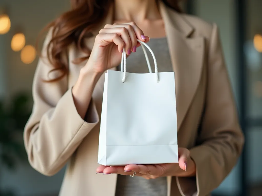 a woamn's hand holding a small glossy white shopping bag, close crop