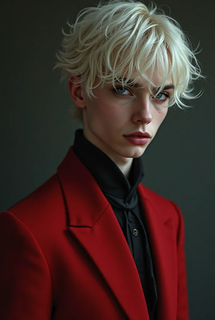 21 year old mystery boy. white skin, messy light blond hair. dark eyes. Elegant clothing in red