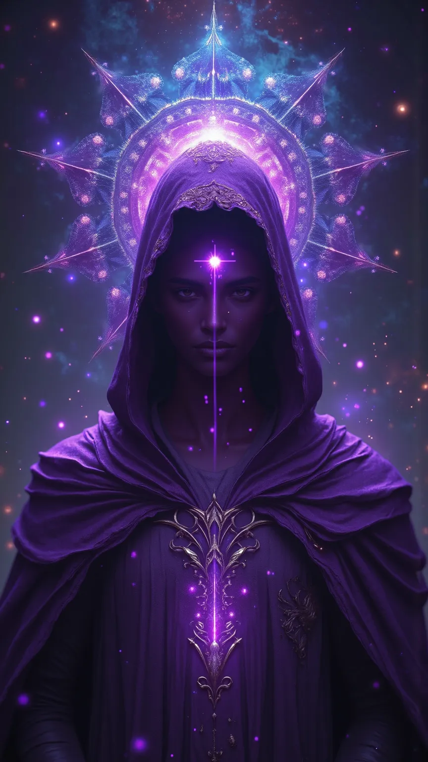 with high image quality、Prophet wearing a hood of a cosmic presence。No face、The first purple shining in the center looks sharply at the surroundings。, which makes you feel a mystical power、An exquisitely crafted structure like a celestial body spreads out ...