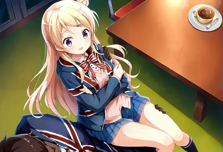 p0vpr1nc4rry, The Princess Is Carrying, Carrying Person, from above, Aside, Lying in Your Arms, indoors, dark, very dark、 Gold、ribbons、bow tie、chest、Floating hair、bun hair、hair ornaments close to the garden、hair clip for hair、jacket、Kin-iro mosaic、Karen ...