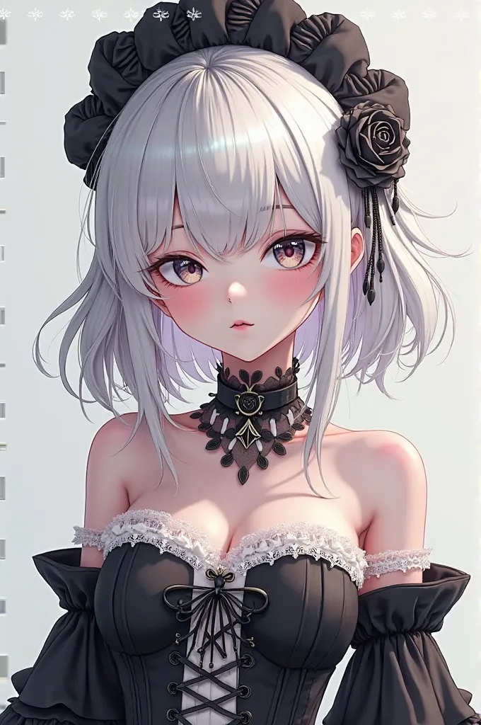 (8k, best quality, masterpiece, ultra highres:1.2),Photo of Pretty Japanese girl,(detailed_face),Anime girl, princess, beautiful, pretty, shine, full body, white hair, mini dress, strapless dress, open boobs, Gothic Princess dress with open chest design, w...