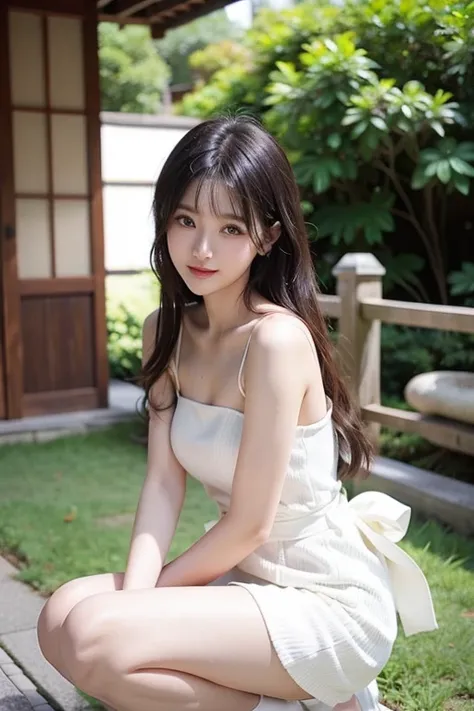 A Japanese model in a gorgeous white dress is posing、semi-long black hair、 miniskirt、Neat and beautiful Japanese idol、looking at camera、 beautiful eyes in every detail 、 cute smile up to the knee、 Gentle and gentle expression  