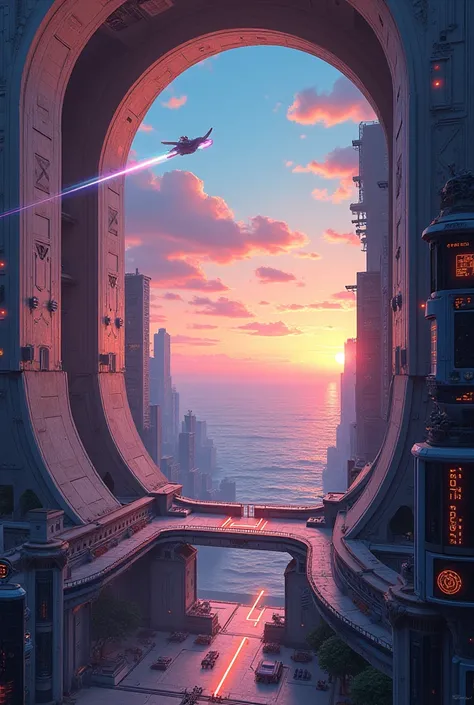 Surreal digital painting with a futuristic urban landscape at sunset, isometric image of a futuristic nave with semicircular arches, the horizon is visible through the arches, the sky and ocean converge on the horizon, light limestone combines with metal, ...