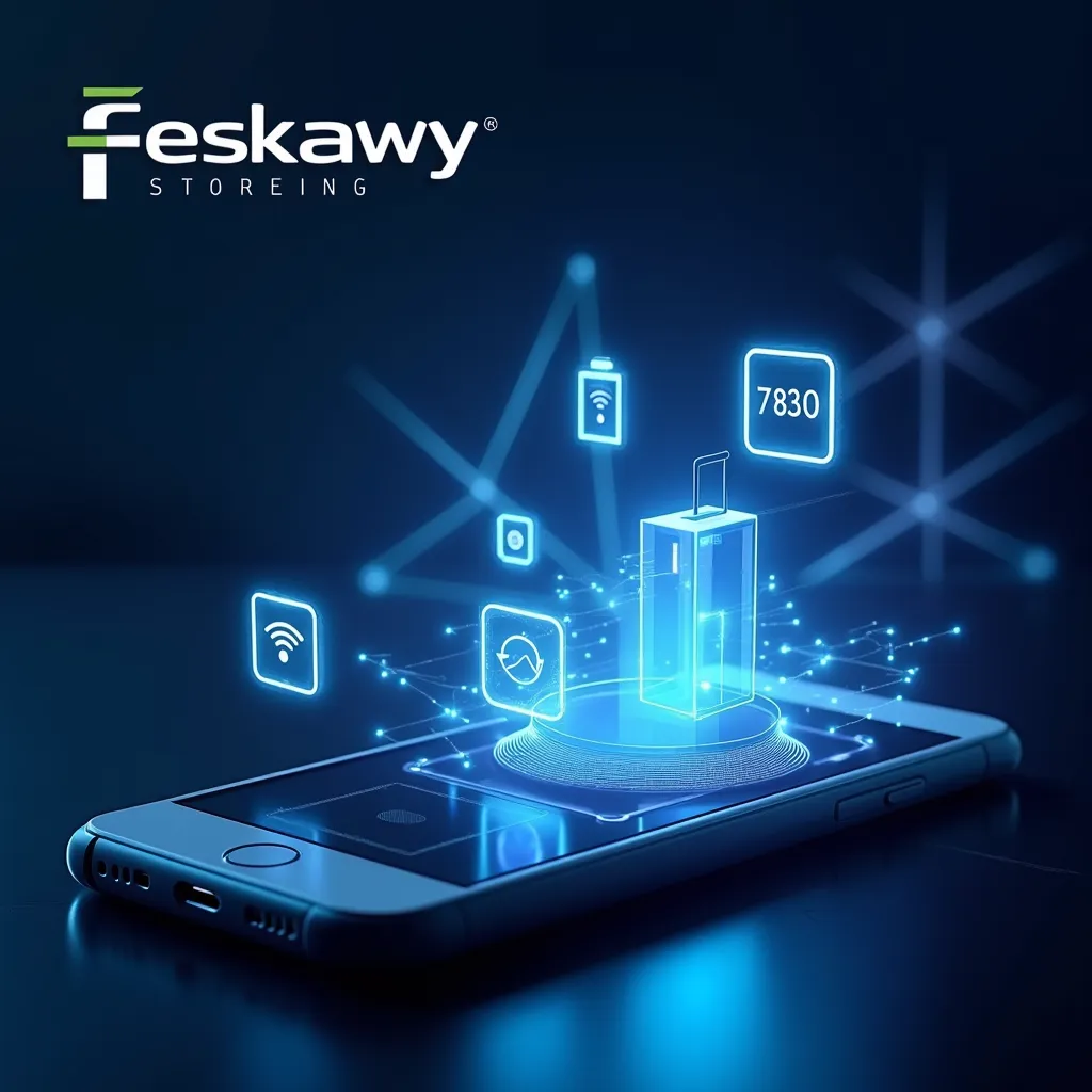 "A high-tech and futuristic digital design featuring the name 'Feskawy Store' as a professional logo positioned at the top left of the image. The main focus is on a modern smartphone with a bright, glowing screen displaying a smooth and fully functional in...