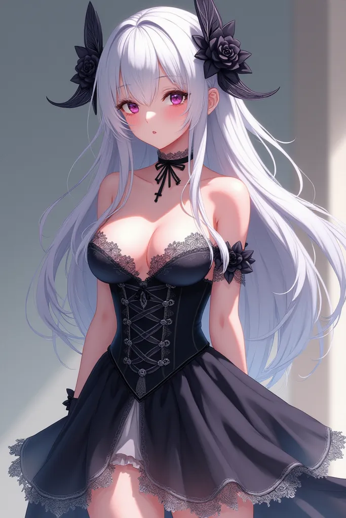 8k, best quality, masterpiece,Anime girl, princess, beautiful, pretty, shine, full body, white hair, mini dress, strapless dress, open boobs, Gothic Princess dress with open chest design, white lace, black corset, short skirt and matching head accessory, c...